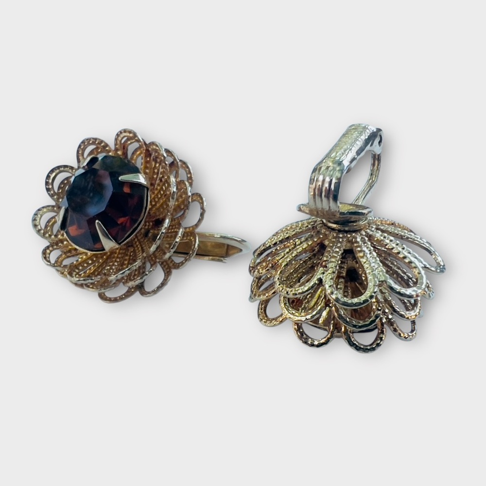 Vintage Sarah Coventry Marigold Earrings Gold Tone Filigree Amber Glass Clip On